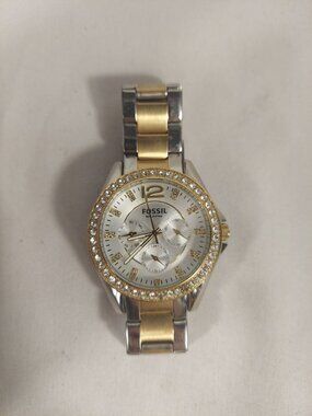 NOS Fossil Riley ES2521 Watch Rhinestone 4 Time Zone Silver Gold Link